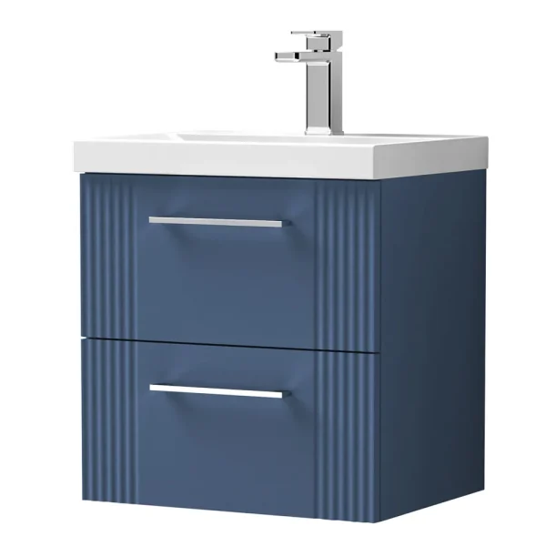Roxbury Deco Fluted 500mm Blue Vanity Unit   Wall Hung 2 Drawer Unit & Chrome Handles