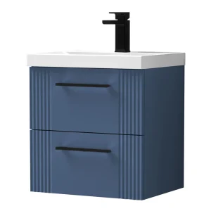 Roxbury Deco Fluted 500mm Blue Vanity Unit   Wall Hung 2 Drawer Unit with Matt Black Handles