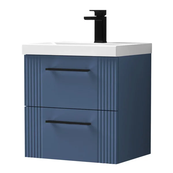 Roxbury Deco Fluted 500mm Blue Vanity Unit   Wall Hung 2 Drawer Unit with Matt Black Handles