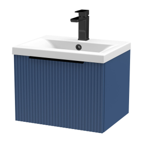 Venice Fluted 500mm Blue Vanity Unit   Wall Hung Single Drawer Unit with Matt Black Handle