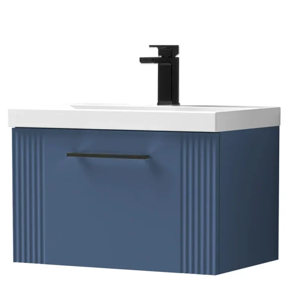 Roxbury Deco Fluted 600mm Blue Vanity Unit   Wall Hung 1 Drawer Unit with Matt Black Handle