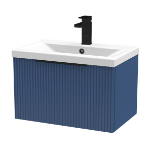 Venice Fluted 600mm Blue Vanity Unit   Wall Hung Single Drawer Unit with Matt Black Handle