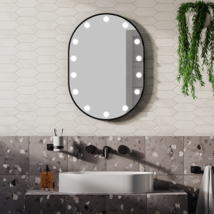 Arezzo Bulb 500 x 700mm Capsule Matt Black LED Illuminated Mirror with Motion Sensor + Anti Fog