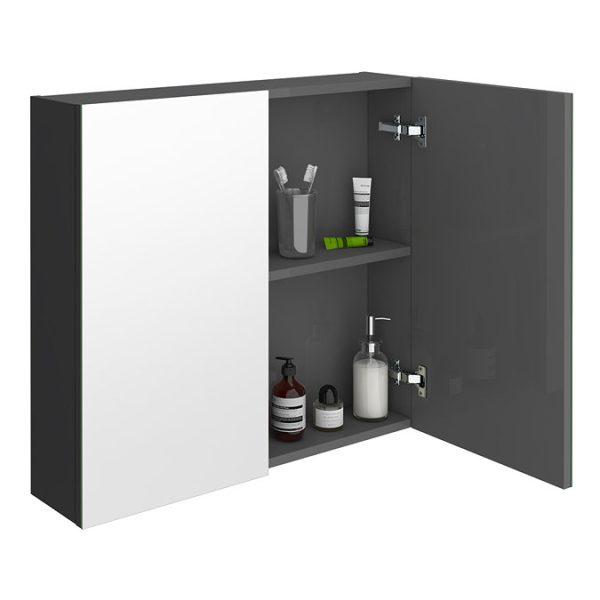 Brooklyn 800mm Gloss Grey Bathroom Mirror Cabinet   2 Door - Image 2