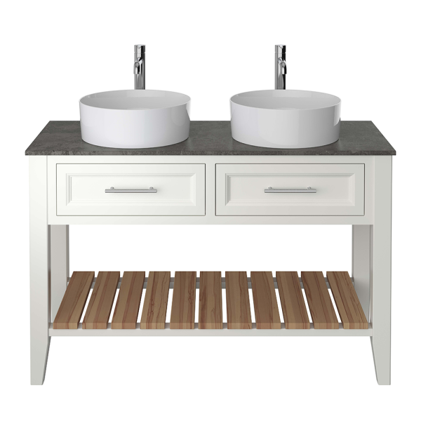 Heritage Broughton 1200mm Double Washstand Chantilly with Dark Concrete Effect Worktop & Round Basins