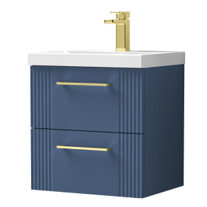 Venice Fluted 600mm Green Vanity Unit   Wall Hung Single Drawer Unit with Brushed Brass Handle