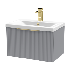 Venice Fluted 600mm Grey Vanity Unit   Wall Hung Single Drawer Unit with Brushed Brass Handle