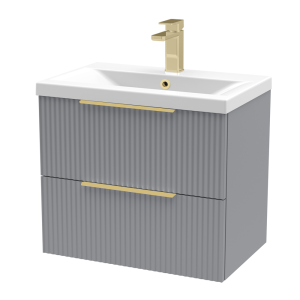 Venice Fluted 600mm Grey Vanity Unit   Wall Hung 2 Drawer Unit with Brushed Brass Handles