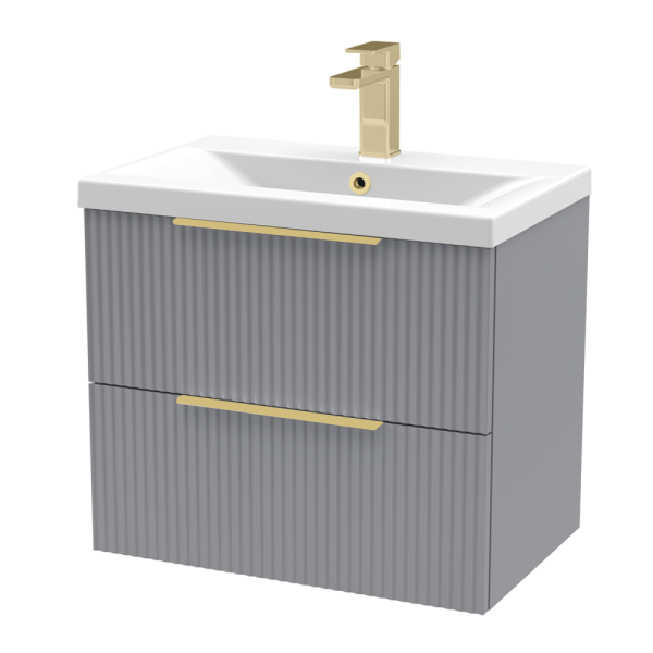 Venice Fluted 600mm Grey Vanity Unit   Wall Hung 2 Drawer Unit with Brushed Brass Handles