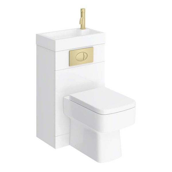 Brooklyn White Gloss Combined Two In One Wash Basin, Toilet & Brushed Brass Flush Plate (500mm wide x 300mm) - Image 3