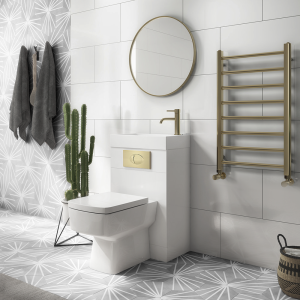 Brooklyn White Gloss Combined Two In One Wash Basin, Toilet & Brushed Brass Flush Plate (500mm wide x 300mm)