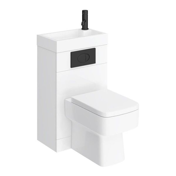 Brooklyn White Gloss Combined Two In One Wash Basin, Toilet & Matt Black Flush Plate (500mm wide x 300mm) - Image 3