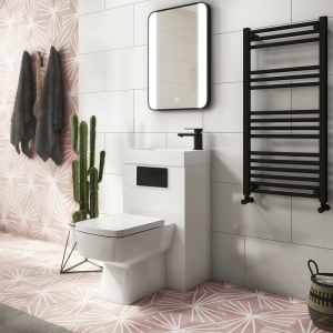 Brooklyn White Gloss Combined Two In One Wash Basin, Toilet & Matt Black Flush Plate (500mm wide x 300mm)