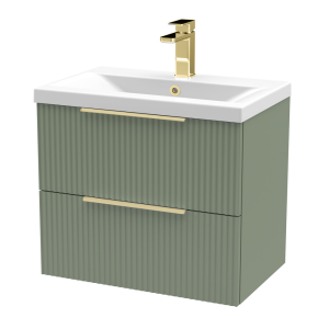 Venice Fluted 600mm Green Vanity Unit   Wall Hung 2 Drawer Unit with Brushed Brass Handles