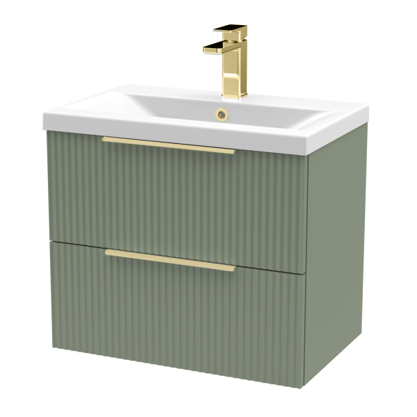 Venice Fluted 600mm Green Vanity Unit   Wall Hung 2 Drawer Unit with Brushed Brass Handles
