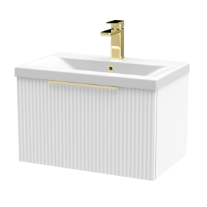 Venice Fluted 600mm White Vanity Unit   Wall Hung Single Drawer Unit with Brushed Brass Handle