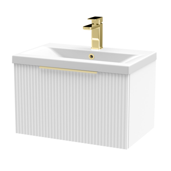 Venice Fluted 600mm White Vanity Unit   Wall Hung Single Drawer Unit with Brushed Brass Handle
