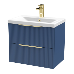 Venice Fluted 600mm Blue Vanity Unit   Wall Hung 2 Drawer Unit with Brushed Brass Handles