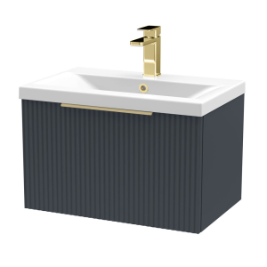 Venice Fluted 600mm Anthracite Vanity Unit   Wall Hung Single Drawer Unit with Brushed Brass Handle