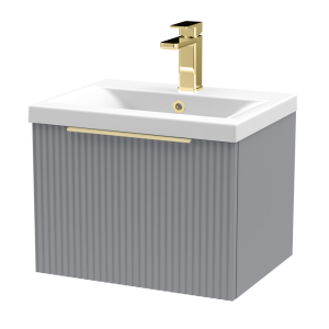 Venice Fluted 500mm Grey Vanity Unit   Wall Hung Single Drawer Unit with Brushed Brass Handle