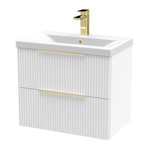 Venice Fluted 600mm White Vanity Unit   Wall Hung 2 Drawer Unit with Brushed Brass Handles