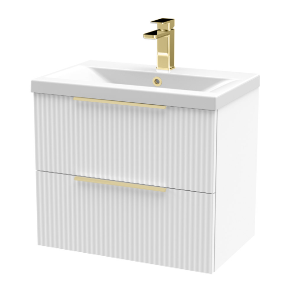 Venice Fluted 600mm White Vanity Unit   Wall Hung 2 Drawer Unit with Brushed Brass Handles