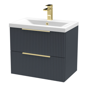 Venice Fluted 600mm Anthracite Vanity Unit   Wall Hung 2 Drawer Unit with Brushed Brass Handles