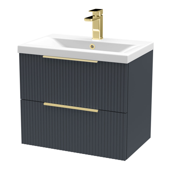 Venice Fluted 600mm Anthracite Vanity Unit   Wall Hung 2 Drawer Unit with Brushed Brass Handles