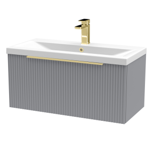 Venice Fluted 800mm Grey Vanity Unit   Wall Hung Single Drawer Unit with Brushed Brass Handle