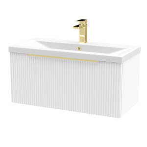 Venice Fluted 800mm White Vanity Unit   Wall Hung Single Drawer Unit with Brushed Brass Handle