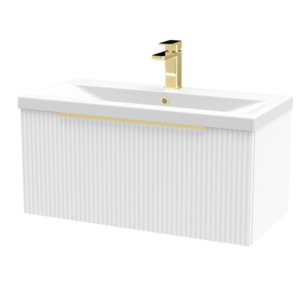 Venice Fluted 800mm White Vanity Unit   Wall Hung Single Drawer Unit with Brushed Brass Handle