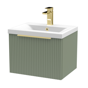 Venice Fluted 500mm Green Vanity Unit   Wall Hung Single Drawer Unit with Brushed Brass Handle
