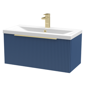 Venice Fluted 800mm Blue Vanity Unit   Wall Hung Single Drawer Unit with Brushed Brass Handle