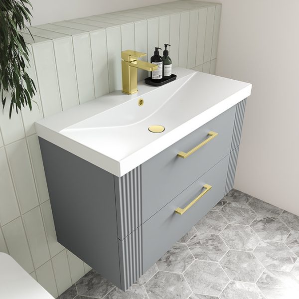 Roxbury Deco Fluted 800mm Grey Vanity Unit   Wall Hung 2 Drawer Unit & Brushed Brass Handles - Image 3