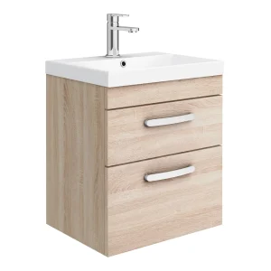 Brooklyn 500mm Natural Oak Wall Hung 2 Drawer Vanity Unit with Thin Edged Ceramic Basin