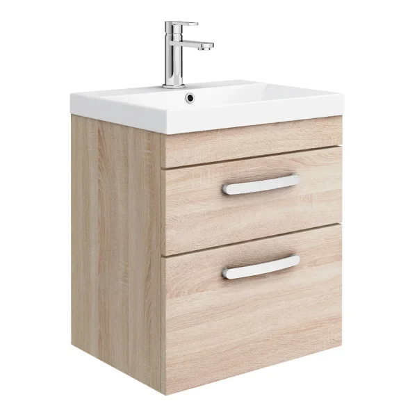 Brooklyn 500mm Natural Oak Wall Hung 2 Drawer Vanity Unit with Thin Edged Ceramic Basin