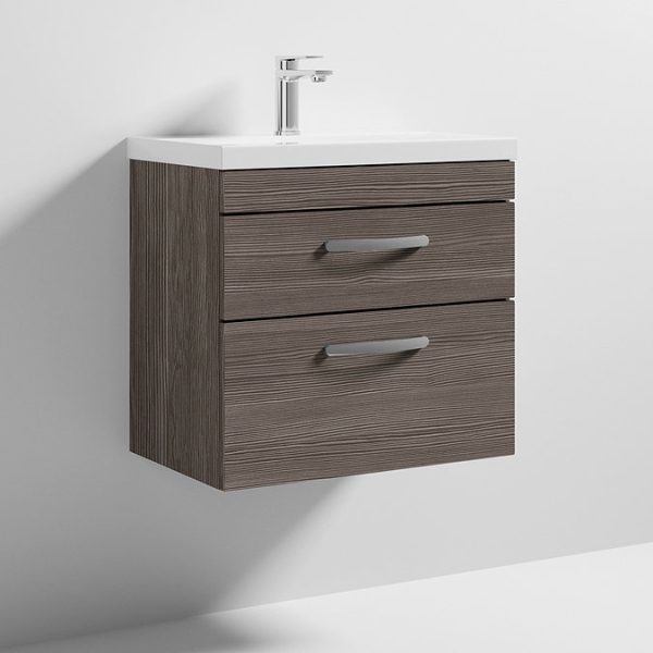 Brooklyn 600 Grey Avola Wall Hung 2 Drawer Vanity Unit with Thin Edge Basin - Image 5