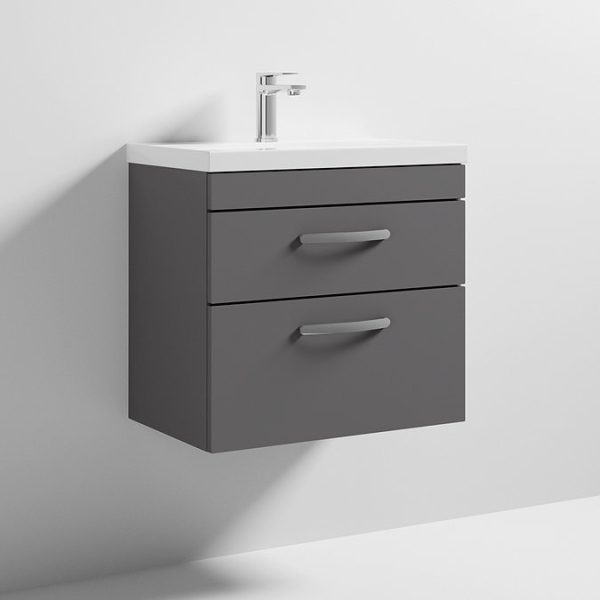 Brooklyn 600 Gloss Grey Wall Hung 2 Drawer Vanity Unit with Thin Edge Basin - Image 2