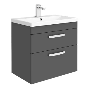 Brooklyn 600 Gloss Grey Wall Hung 2 Drawer Vanity Unit with Thin Edge Basin