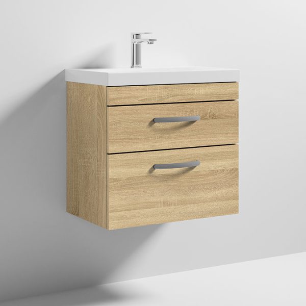 Brooklyn 600 Natural Oak Wall Hung 2 Drawer Vanity Unit with Thin Edge Basin - Image 2