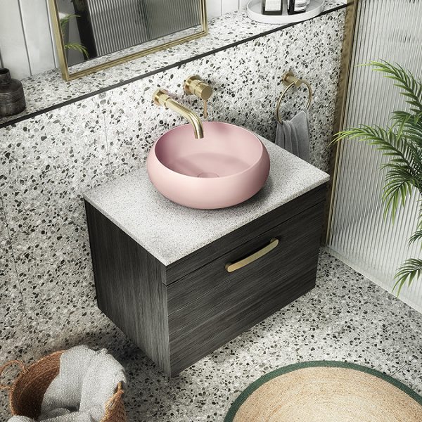 Brooklyn Wall Hung Countertop Vanity   Black   600mm with White Worktop & Brushed Brass Handle - Image 3