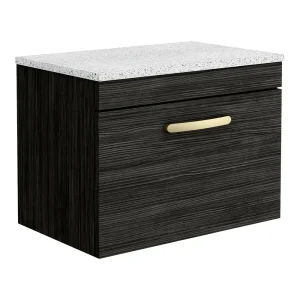Brooklyn Wall Hung Countertop Vanity   Black   600mm with White Worktop & Brushed Brass Handle