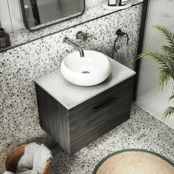 Brooklyn Wall Hung Countertop Vanity   Black   600mm with White Worktop & Matt Black Handle - Image 3