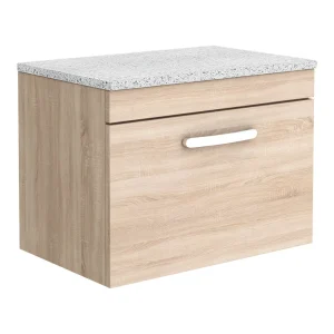 Brooklyn Wall Hung Countertop Vanity Unit   Natural Oak   600mm with White Worktop & Chrome Handle