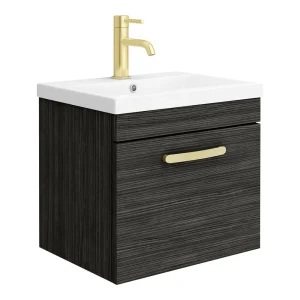 Brooklyn 500mm Black Wall Hung 1 Drawer Vanity Unit with Brushed Brass Handle