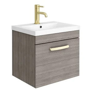 Brooklyn 500mm Grey Avola Wall Hung 1 Drawer Vanity Unit with Brushed Brass Handle