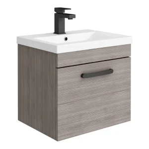 Brooklyn Wall Hung Vanity   Grey Avola   500mm Wide 1 Drawer incl. Matt Black Handle