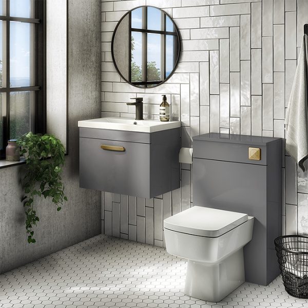 Brooklyn 500mm Gloss Grey Wall Hung 1 Drawer Vanity Unit with Brushed Brass Handle - Image 2