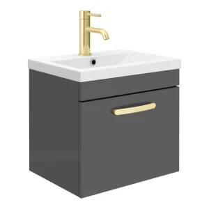 Brooklyn 500mm Gloss Grey Wall Hung 1 Drawer Vanity Unit with Brushed Brass Handle