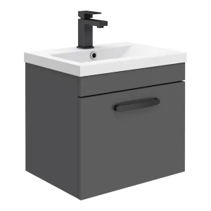 Brooklyn Wall Hung Vanity   Gloss Grey   500mm Wide 1 Drawer inc. Matt Black Handle